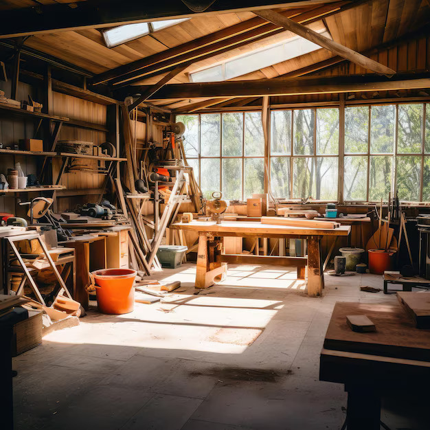 atelier de menuiserie baigné de lumière, outils et établi en arrière-plan