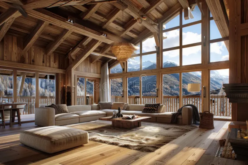 Intérieur chaleureux d’un chalet en bois avec lumière naturelle et décoration poétique
